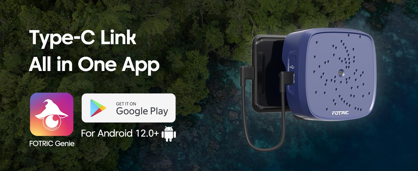 FOTRIC Genie device with Type-C link feature and app availability on Google Play.